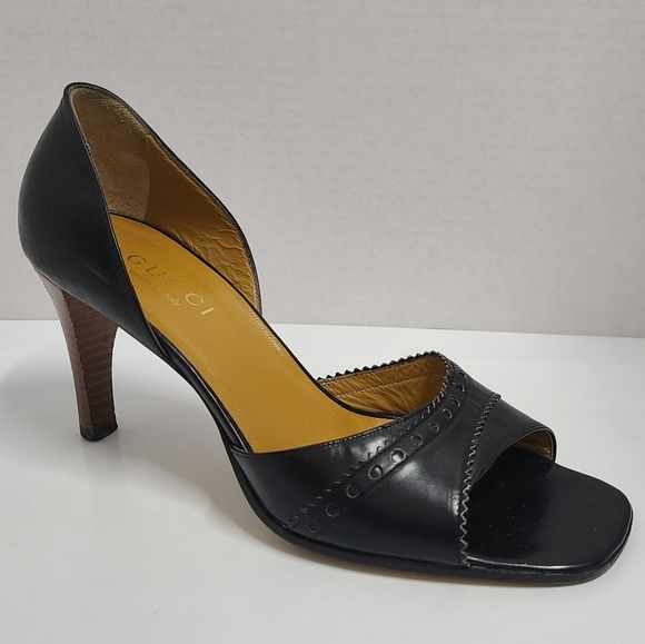 Gucci Vintage Black Leather D'Orsay Wood Heel Pumps Sz 7 - Picture 5 of 12